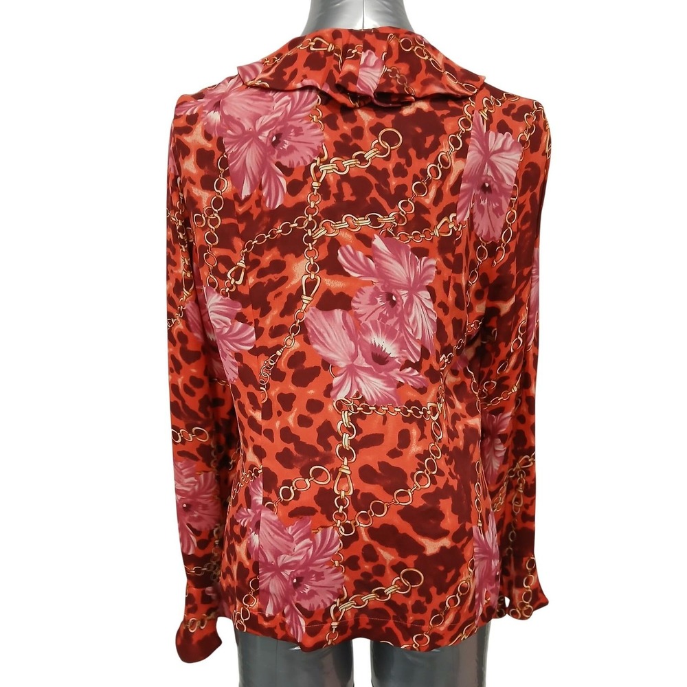 Vintage Silk Gallia Leopard Floral Chain Print Ruffle V Neck Button Blouse Sz 8 - Picture 3 of 5